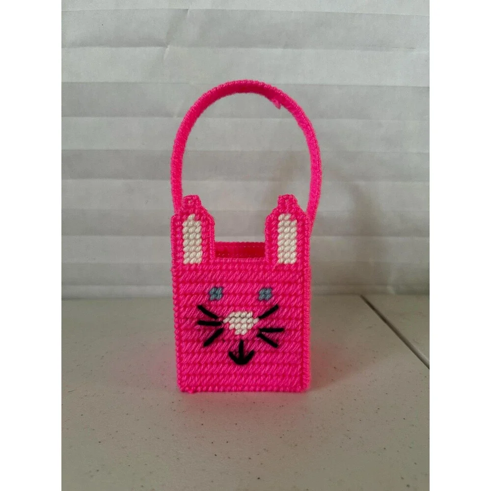 Mini Easter Basket with Pink Bunny – Colorful Plastic Canvas Handmade Gift